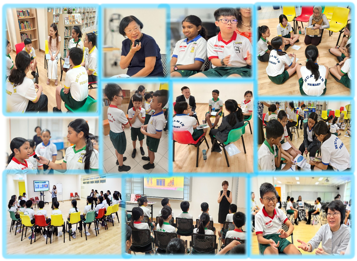 Collage of students in uniforms in group discussions and activities in a classroom, with teachers facilitating.